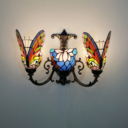 Tiffany Butterfly Alloy Iron Glass 3-Light Wall Sconce Lamp