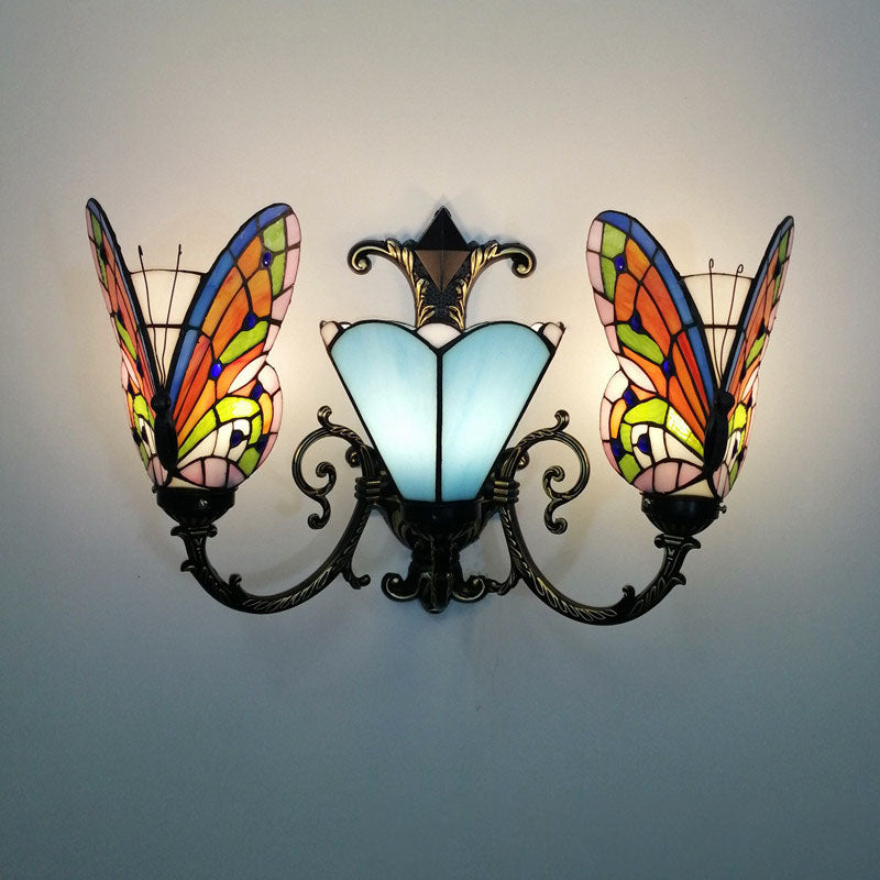 Tiffany Butterfly Alloy Iron Glass 3-Light Wall Sconce Lamp