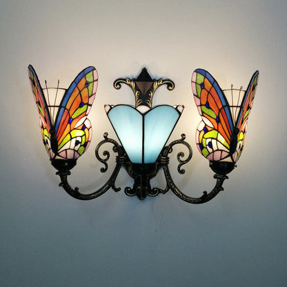 Tiffany Butterfly Alloy Iron Glass 3-Light Wall Sconce Lamp