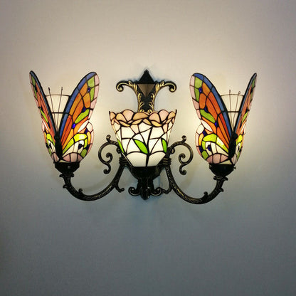 Tiffany Butterfly Alloy Iron Glass 3-Light Wall Sconce Lamp