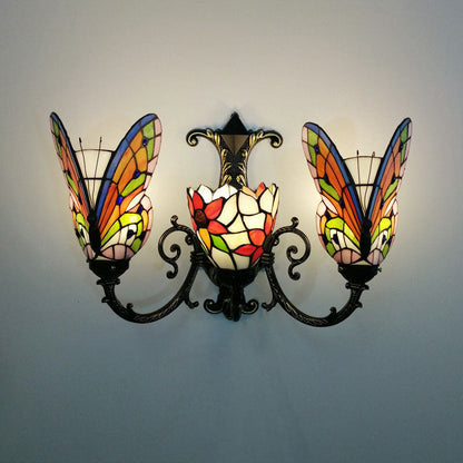 Tiffany Butterfly Alloy Iron Glass 3-Light Wall Sconce Lamp