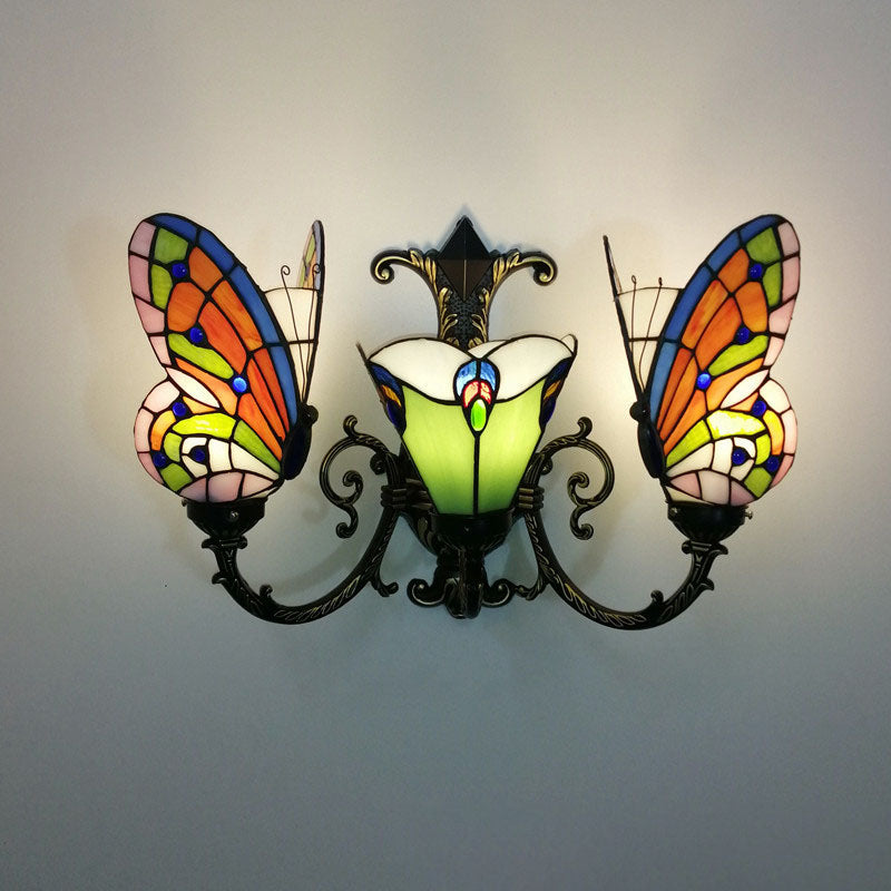 Tiffany Butterfly Alloy Iron Glass 3-Light Wall Sconce Lamp