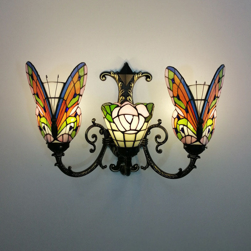 Tiffany Butterfly Alloy Iron Glass 3-Light Wall Sconce Lamp