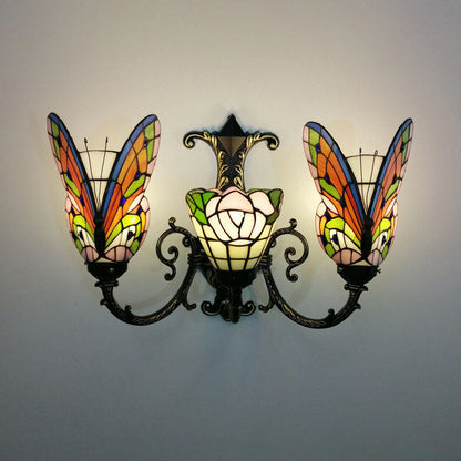 Tiffany Butterfly Alloy Iron Glass 3-Light Wall Sconce Lamp