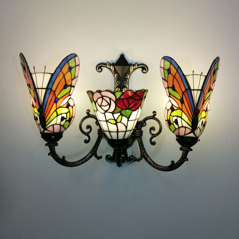 Tiffany Butterfly Alloy Iron Glass 3-Light Wall Sconce Lamp