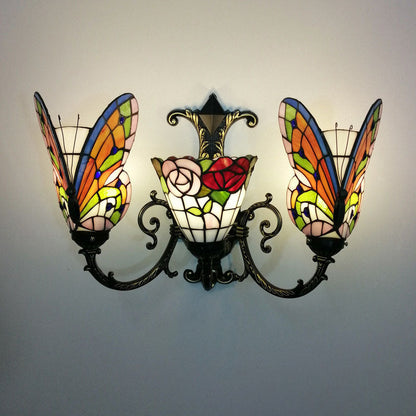 Tiffany Butterfly Alloy Iron Glass 3-Light Wall Sconce Lamp
