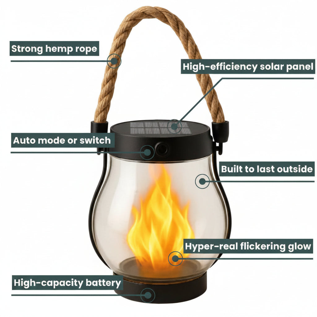 Solar Flame Lantern with Flickering LED Light