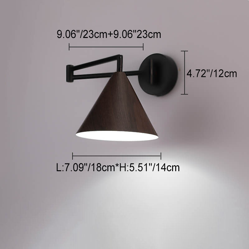 Nordic Minimalist Cone Swing Arm Wood Grain Wall Sconce