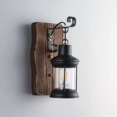 Cylinder Glass Iron Wooden Base 1-Light Wall Sconce Lamp