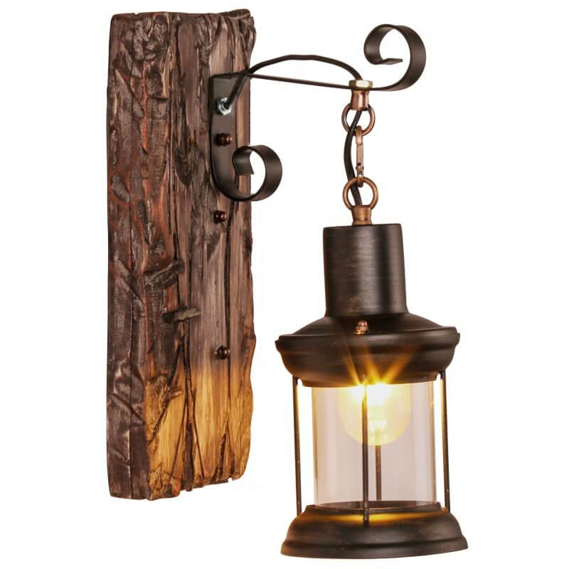 Cylinder Glass Iron Wooden Base 1-Light Wall Sconce Lamp