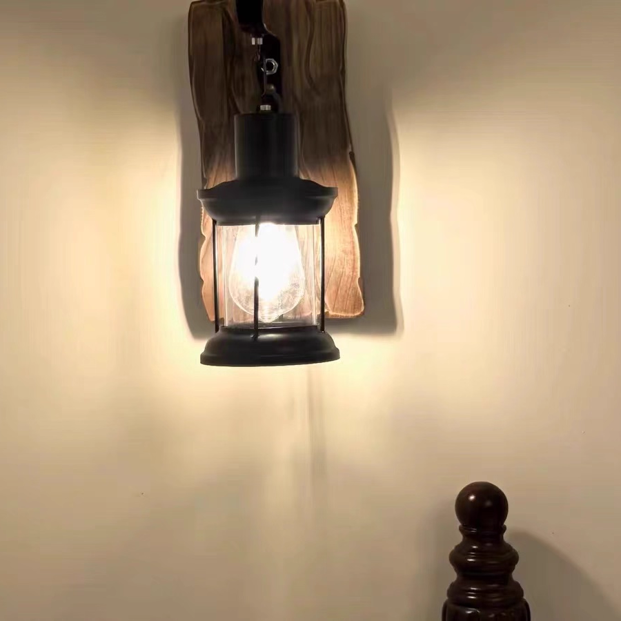 Cylinder Glass Iron Wooden Base 1-Light Wall Sconce Lamp
