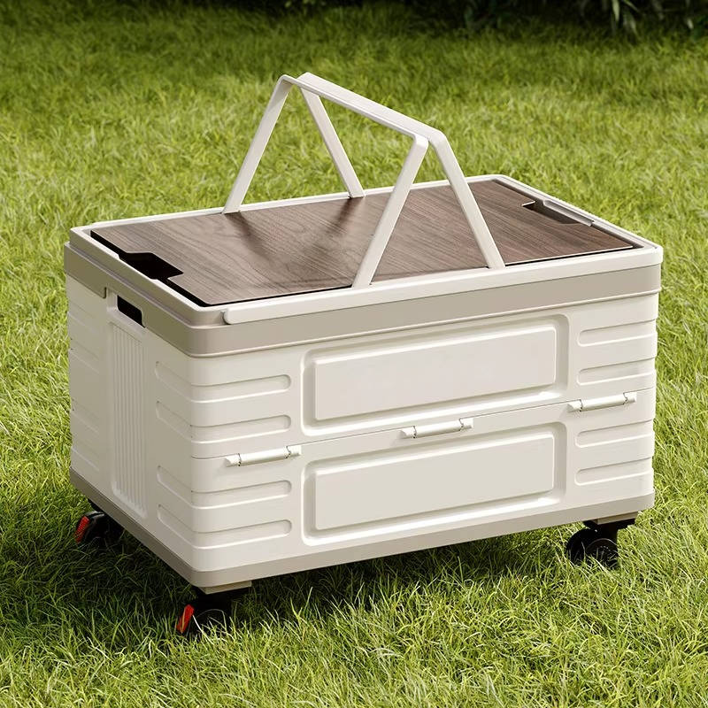 Collapsible Outdoor Storage Box with Wheels & Wood Lid