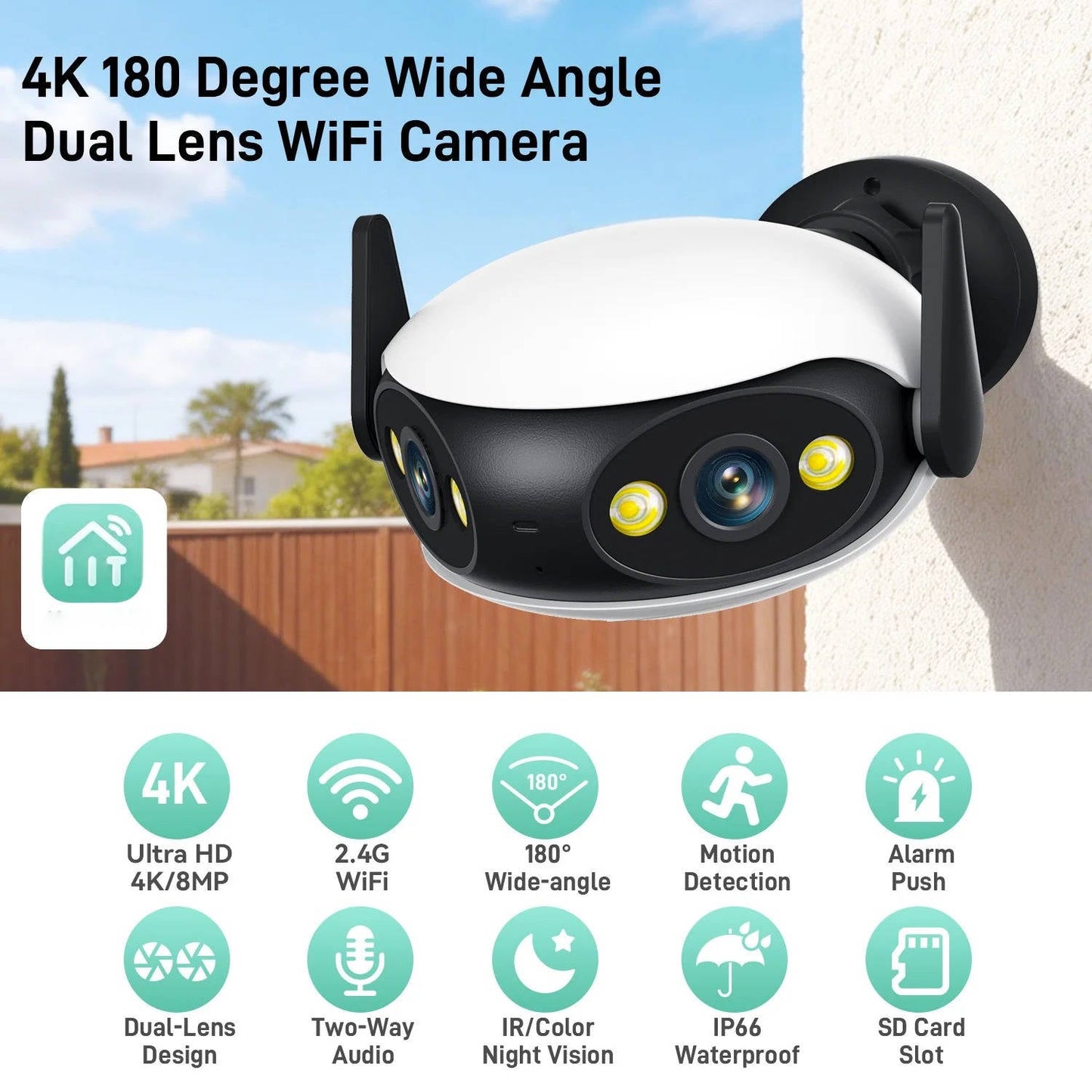 4K 8MP Outdoor WiFi Security Camera, 180 View