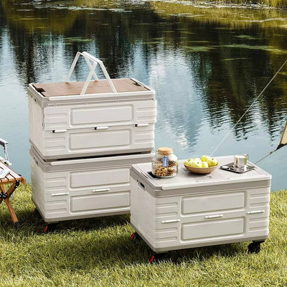 Collapsible Outdoor Storage Box with Wheels & Wood Lid