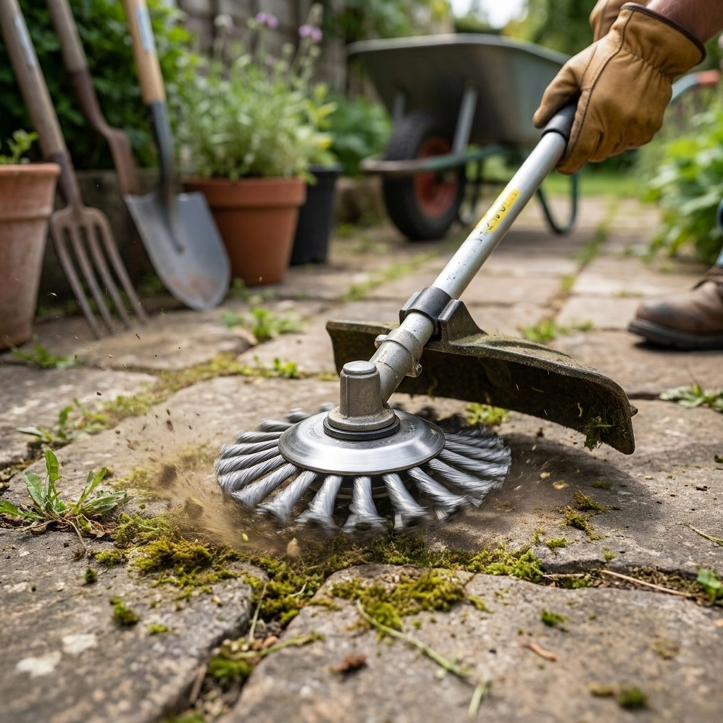 Wire brush trimmer head in use — lifestyle