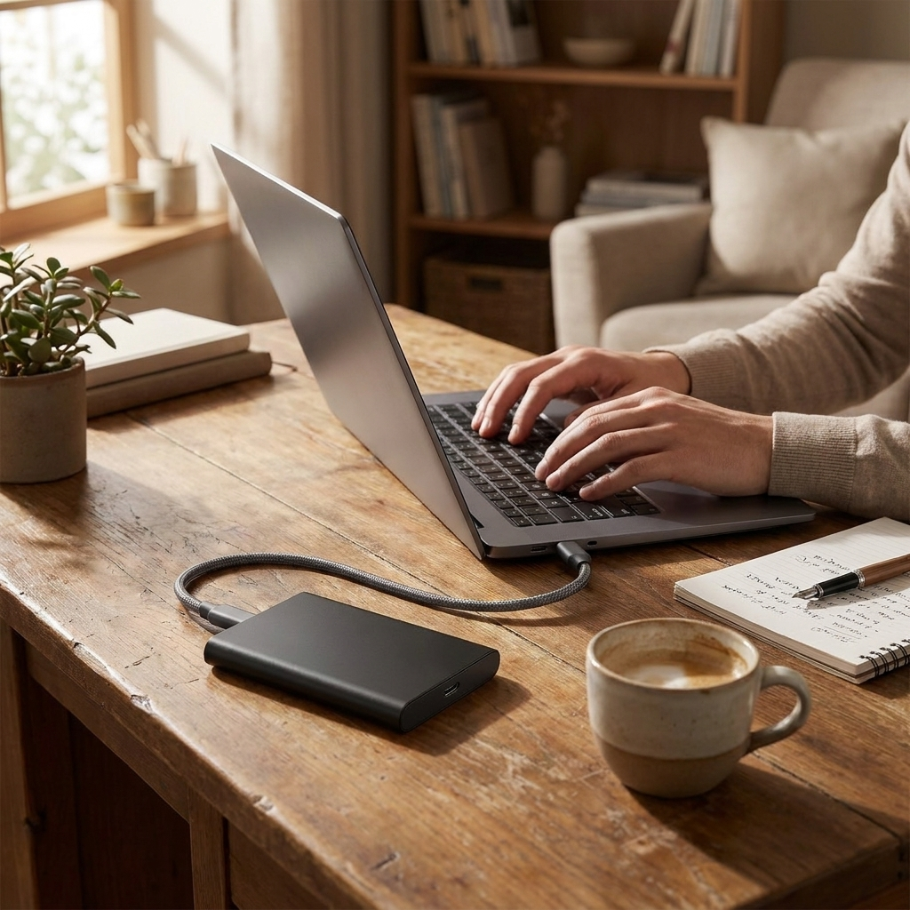 External SSD on desk — lifestyle