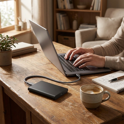 External SSD on desk — lifestyle
