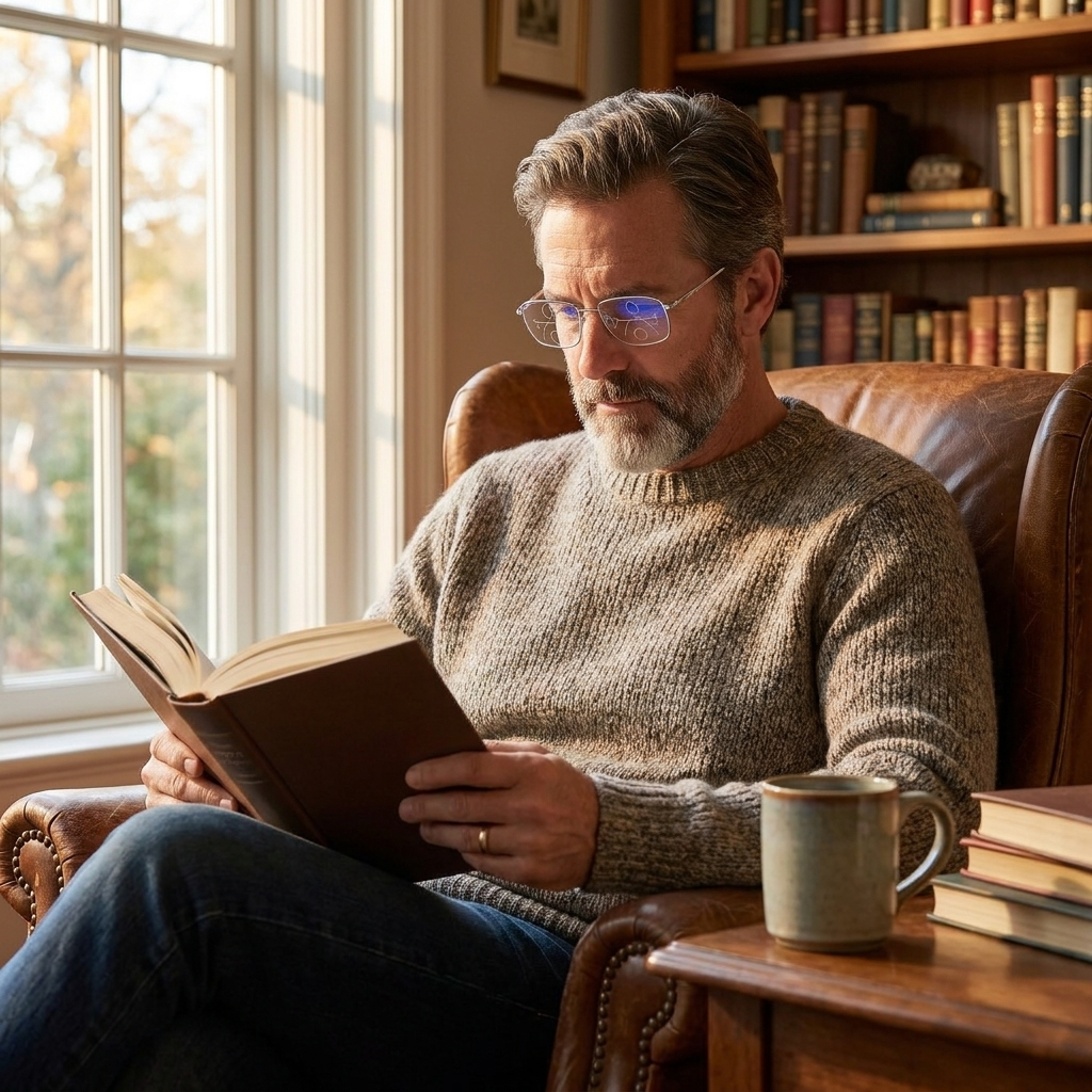 Progressive reading glasses worn — lifestyle