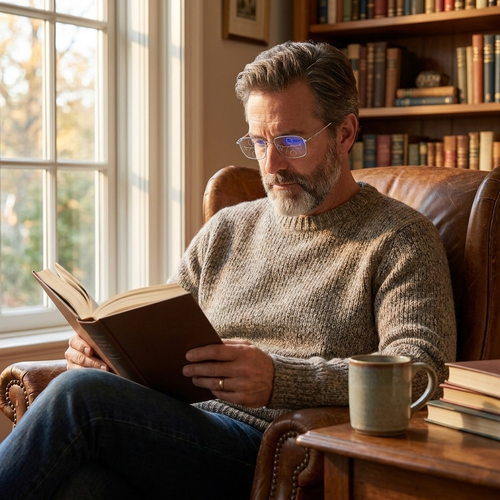 Progressive reading glasses worn — lifestyle