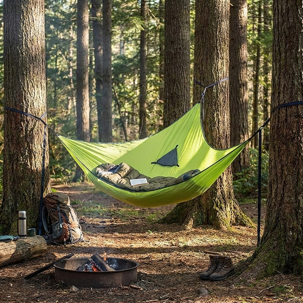 Triangle hammock at campsite — lifestyle