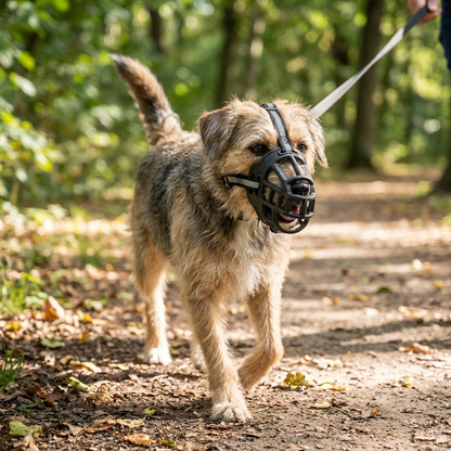 Mesh dog muzzle worn on park walk — lifestyle