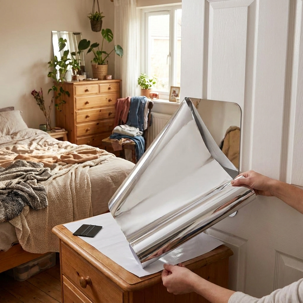 Self-adhesive mirror film on wall — lifestyle