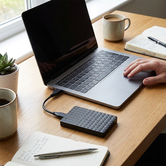 External hard drive with laptop — lifestyle