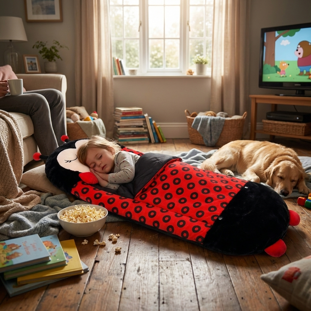 Kids animal sleeping bag in living room — lifestyle