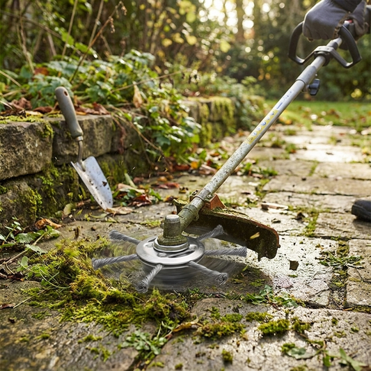 Wire brush trimmer head clearing moss — lifestyle