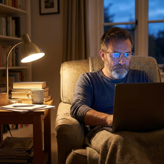 Reading glasses worn at laptop — lifestyle