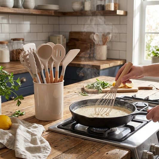 Silicone utensil set on kitchen counter — lifestyle