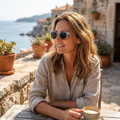 Tortoiseshell sunglasses worn on sunny terrace — lifestyle