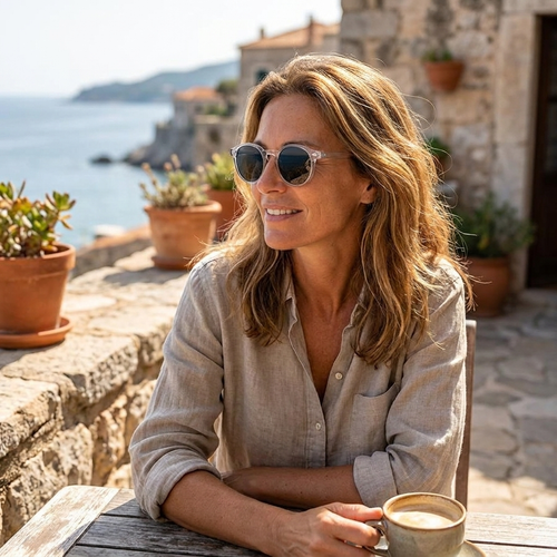 Tortoiseshell sunglasses worn on sunny terrace — lifestyle