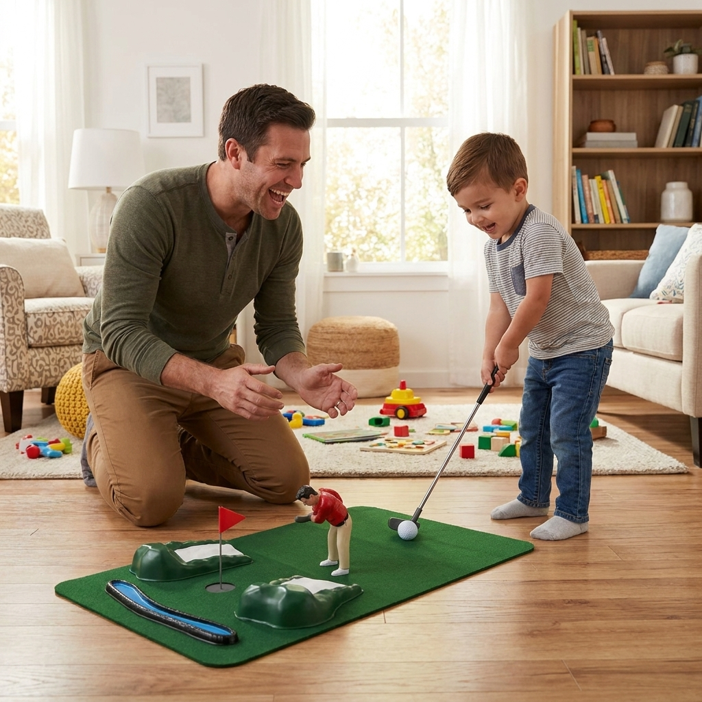 Indoor mini golf played in living room — lifestyle