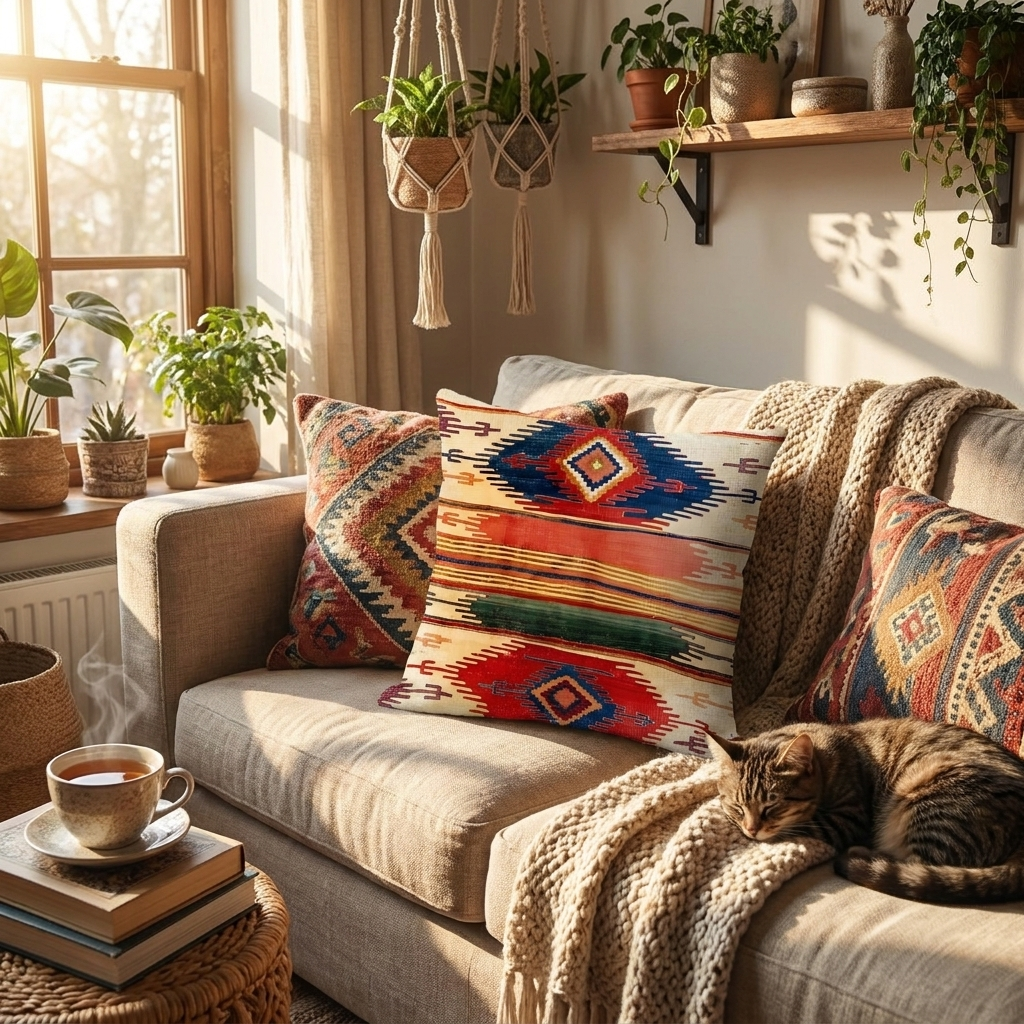 Kilim cushion cover styled on boho sofa — lifestyle