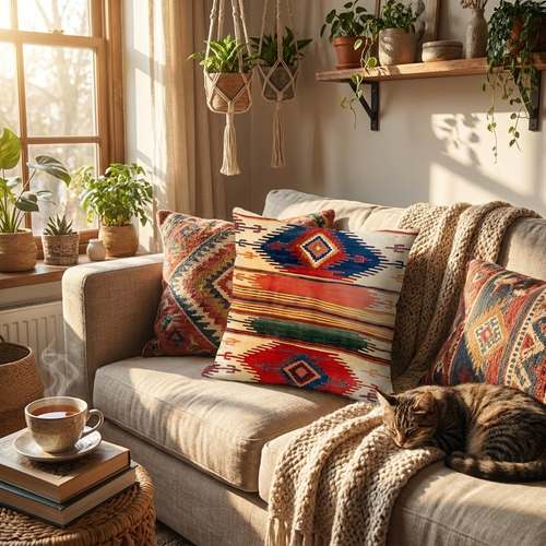 Kilim cushion cover styled on boho sofa — lifestyle