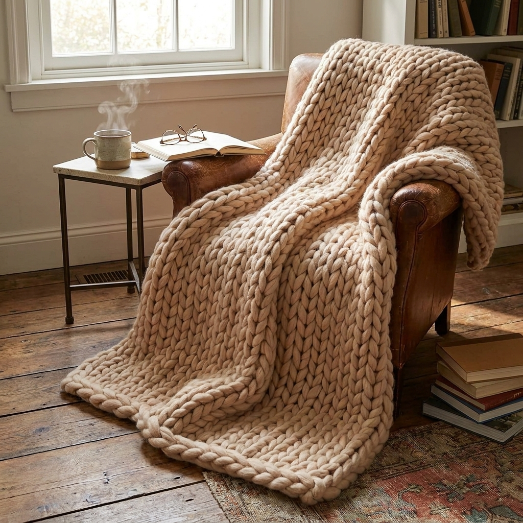 Hand-knitted wool blanket in reading nook — lifestyle