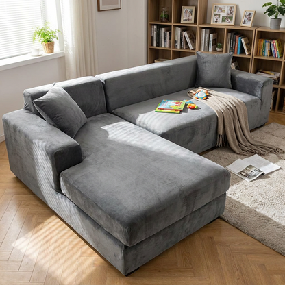 Velvet sectional sofa cover fitted — lifestyle