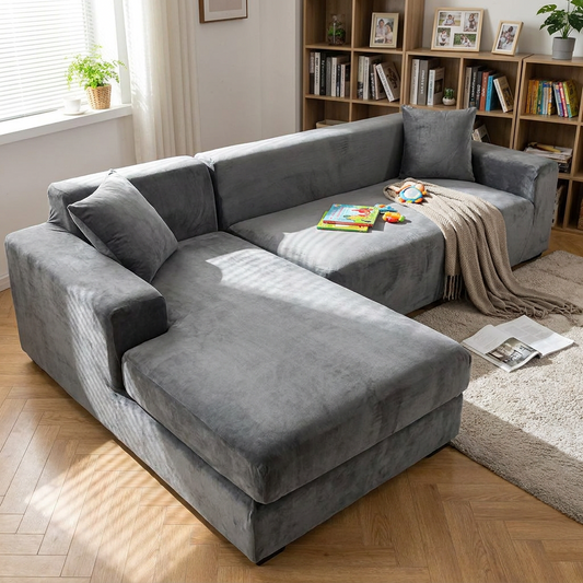 Velvet sectional sofa cover fitted — lifestyle