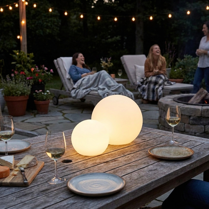 LED orb lamp glowing on patio at dusk — lifestyle