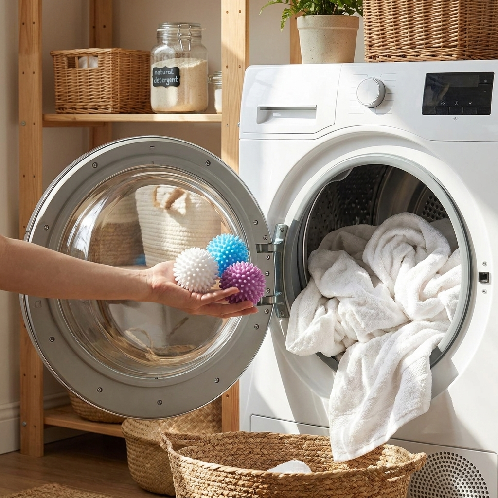 Dryer balls tossed into dryer — lifestyle