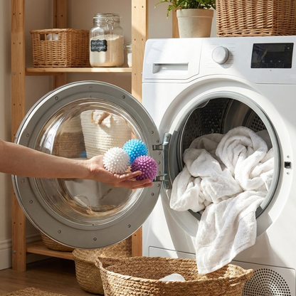 Dryer balls tossed into dryer — lifestyle