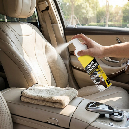 Car foam cleaner applied to seat — lifestyle