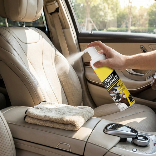Car foam cleaner applied to seat — lifestyle