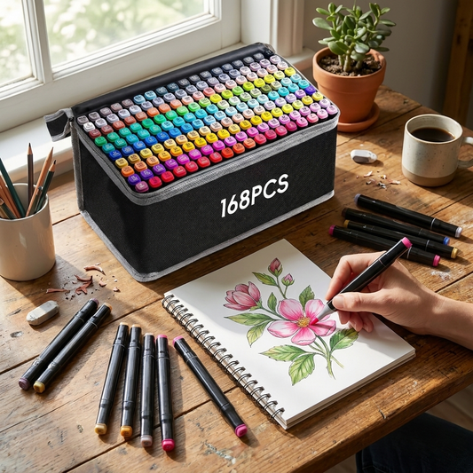Alcohol markers on artist desk — lifestyle