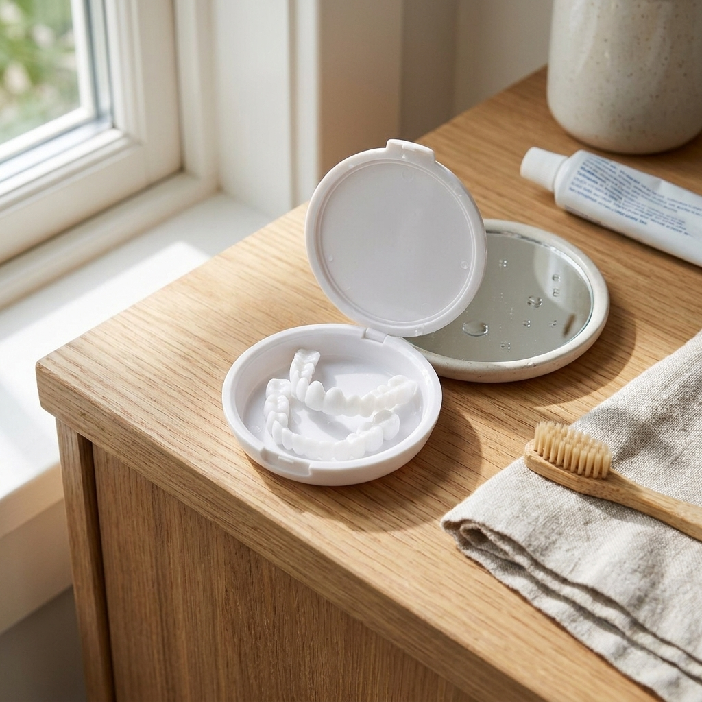 Temporary dental cover with case on counter — lifestyle
