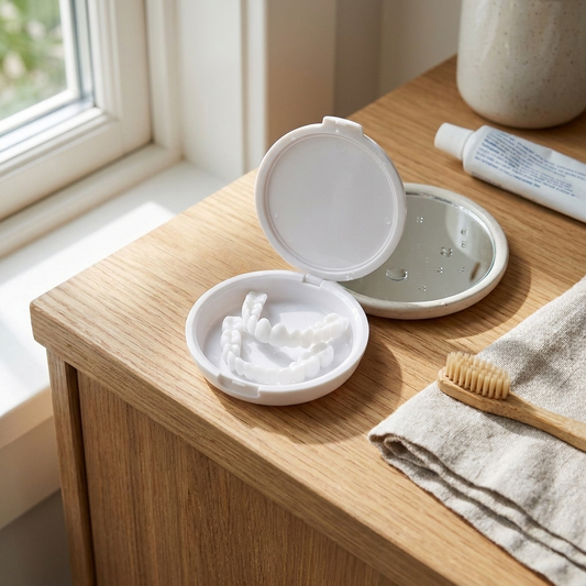 Temporary dental cover with case on counter — lifestyle