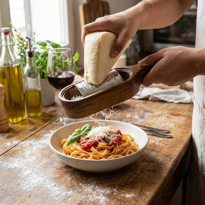 Cheese grater over fresh pasta — lifestyle