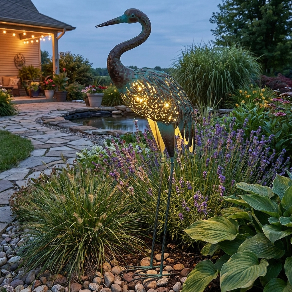 Solar crane statue glowing in garden — lifestyle