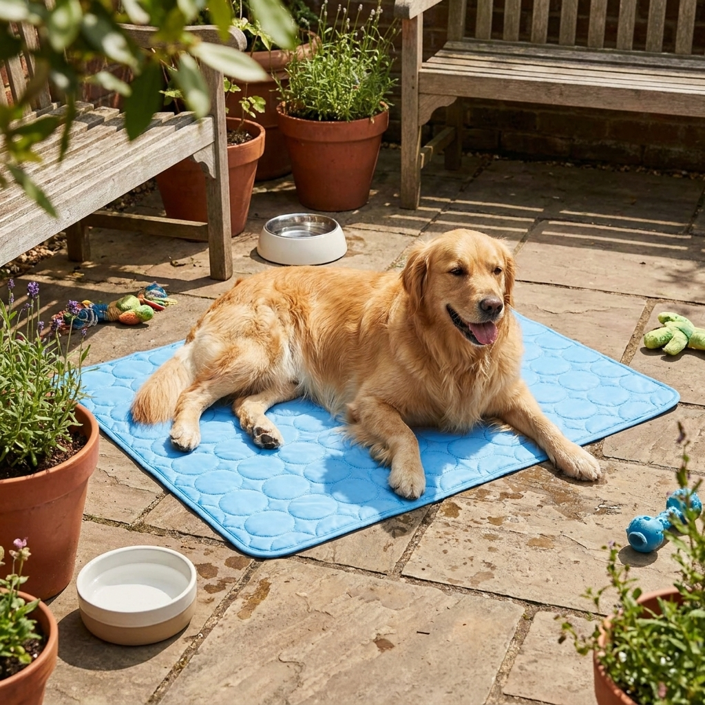 Dog resting on cooling mat — lifestyle